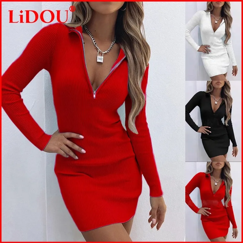 Mulheres inverno outono elegante vestido de malha sexy zíper profundo decote em v sólido bodycon lápis festa mini feminino casual 220215