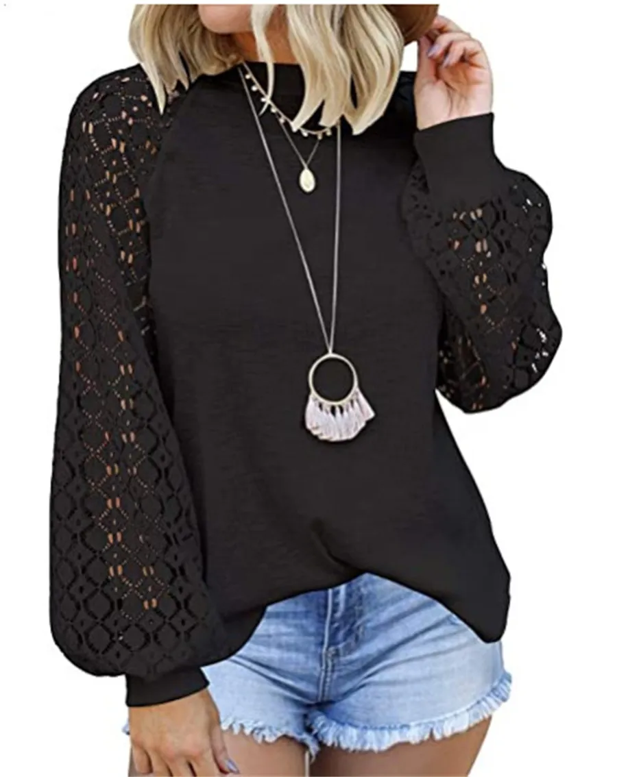 Autumn Women Clothing Long-sleeved T-shirt Tops Lace Patchwork Hollow-out Design Solid Color Casual O-neck Puff Sleeve Pullovers Tees