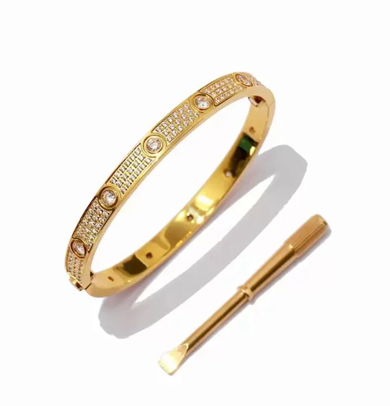 Bangle armbandontwerper 2023 Volledige diamant roestvrij staal Gold Ladies heren kristal schroevendraaiermoord met stofzak mode cadeau geen doos kgna