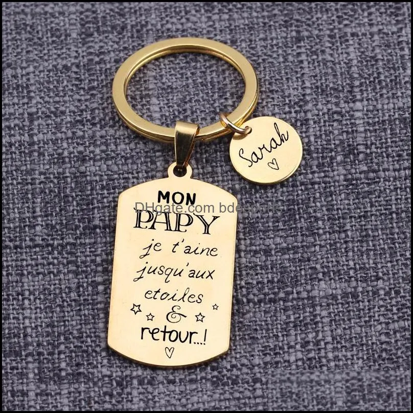 Keychains Custom Piece Tag Dad Papa Keychain Memorial Gift Lettering Engraved Personalized Present For Fathers Day Jewelry Key Holder