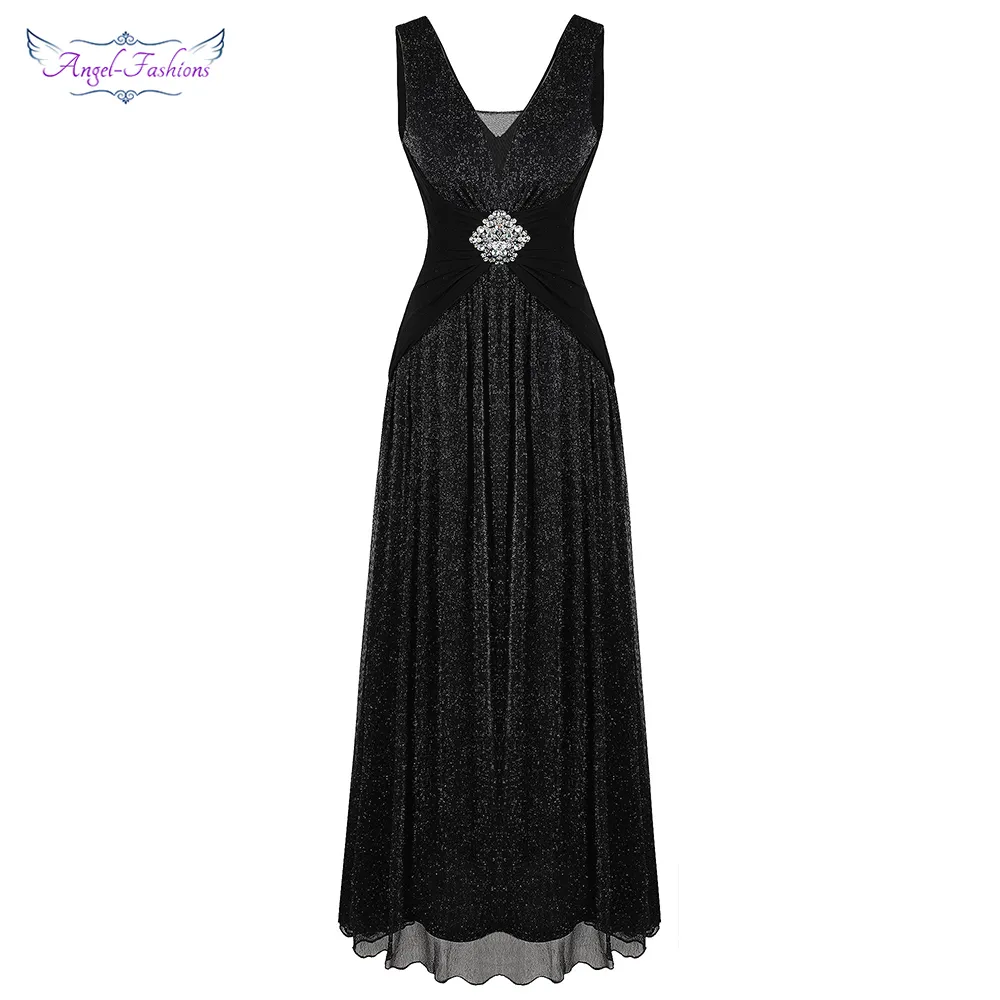 Angel-Fashions Women's V Neck Pleated Beading Afton Klänning Lång En Linje Formell Party Gown Black 486 LJ201119