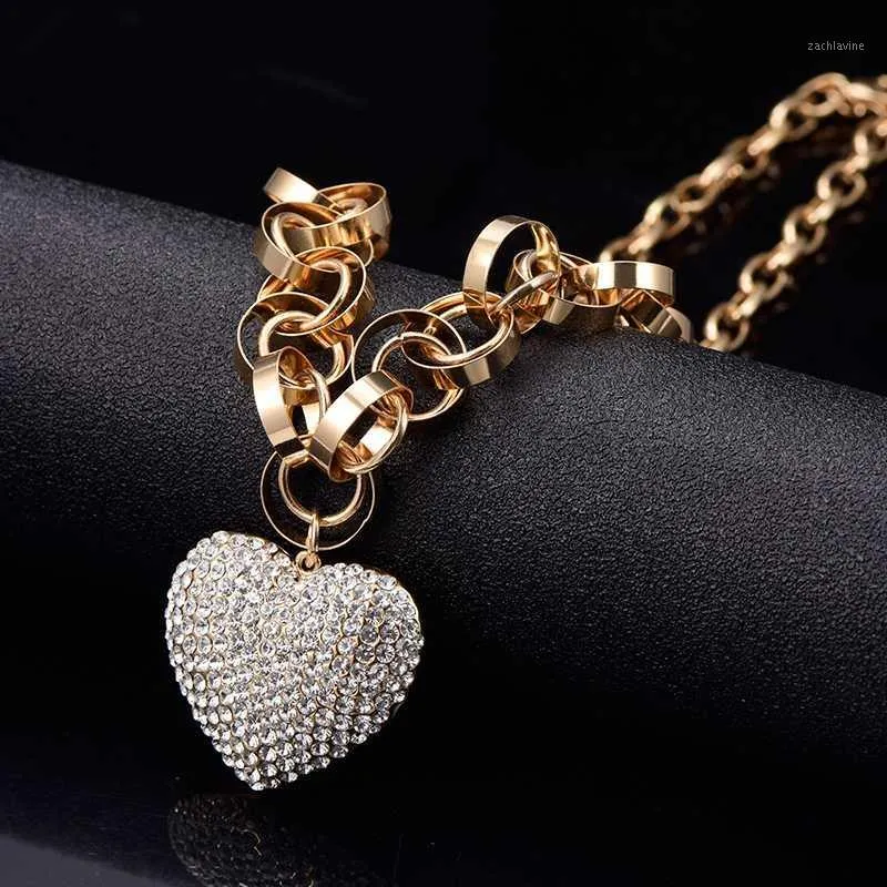 Anhänger Halsketten Große Liebe Herz Pendent Halskette Gold Silber Farbe Dicke Runde Kette Voller Klarer Kristall 3D Weibliche Vintage Schmuck1