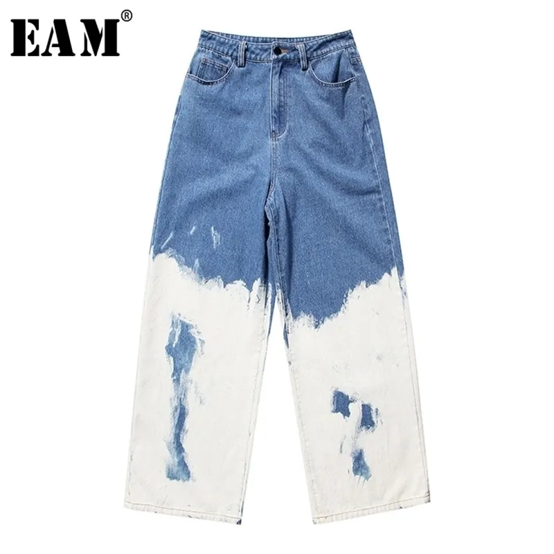 [EAM] Голубой постепенный цвет Длинные джинсовые джинсы широкие джинсы Новые высокие талии Свободные женские брюки моды прилив весна осень 2021 1U312 201223