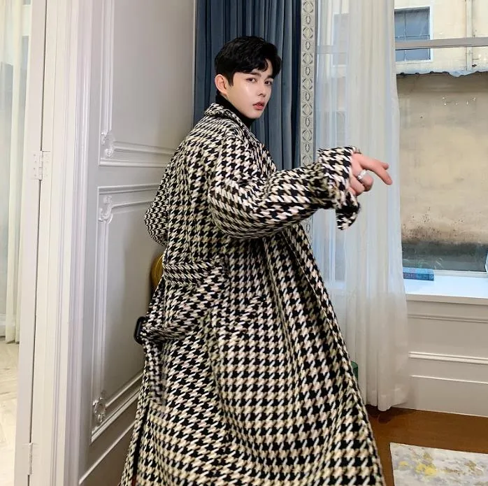 Houndstooth Plaid Trench Coat Mens - Autumn Style, Long