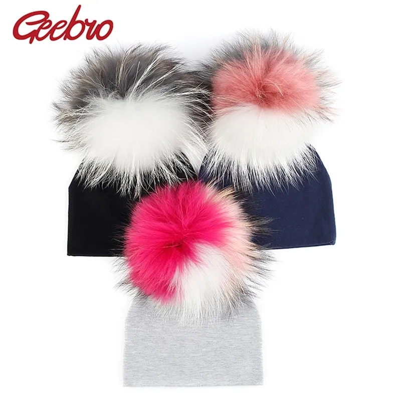 Geebro mode bébé nouveau-né enfants chapeau coloré réel chapeau de pompon de fourrure pour les filles infantile tout-petits chapeaux tricot bonnet skullies bonnets Y201024