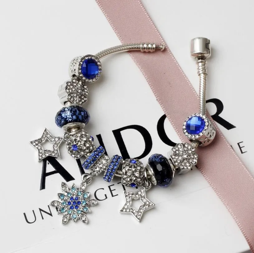 Charm Bracelets Fit 925 Blue Star Snowflake Crystal Pendant Bracelet Diy Jewelry Beads Cat Eye For Holiday Gifts Drop