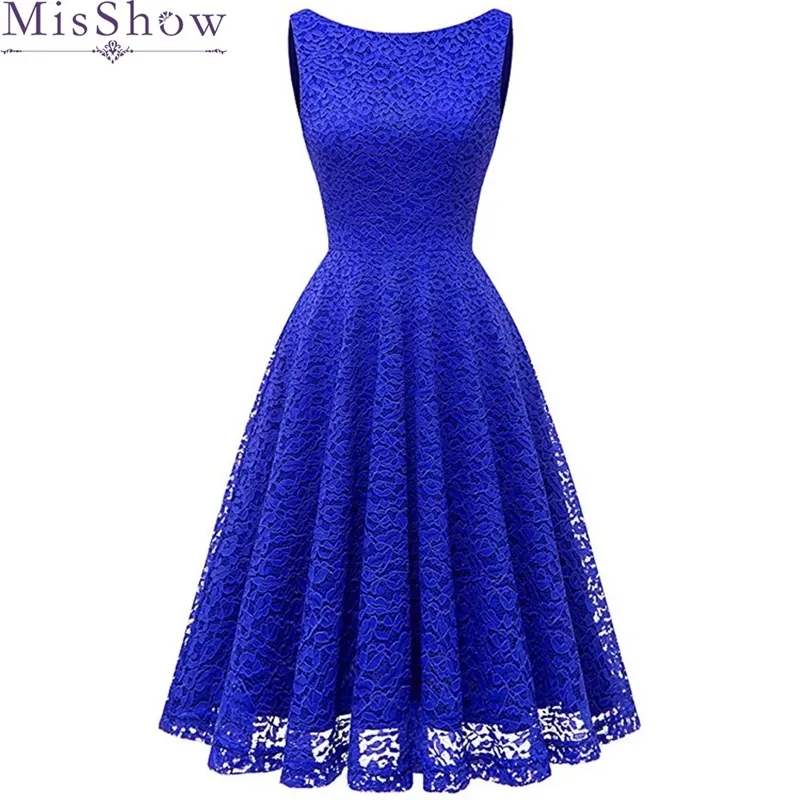 Misshow Evening Dress Elegant Royal Blue Lace Short Formal Gown 2020 A line Scoop Neck Sleeveless robe de soiree LJ201118