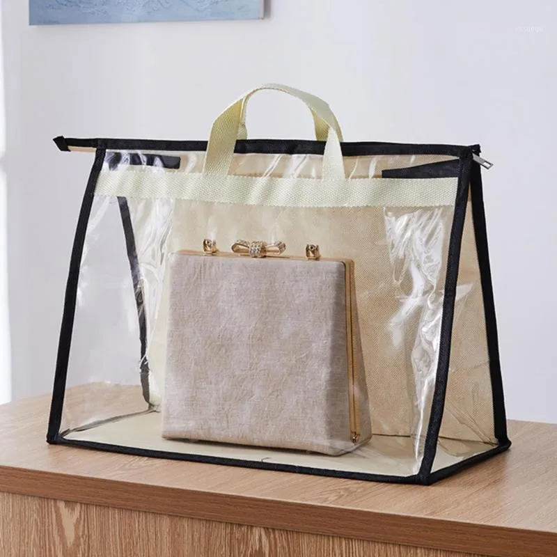 Sacos de armazenamento transparente organizador de saco de poeira pendurado bolsa de mão com zíper roupas de luxo poeira