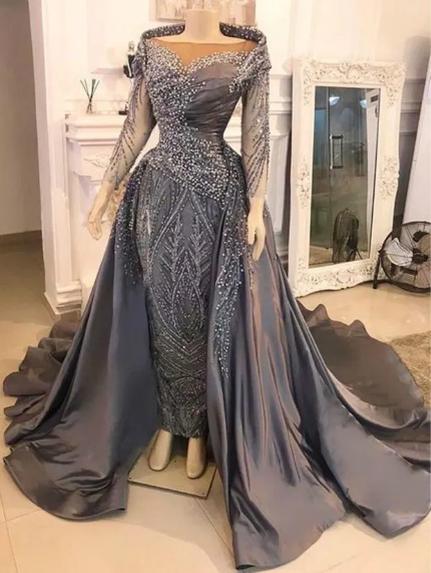 2020 Arabic Aso Ebi Gray Luxurious Sexy Evening Pearls Beaded Prom Dresses Sheath Formal Party Second Reception Gowns ZJ593