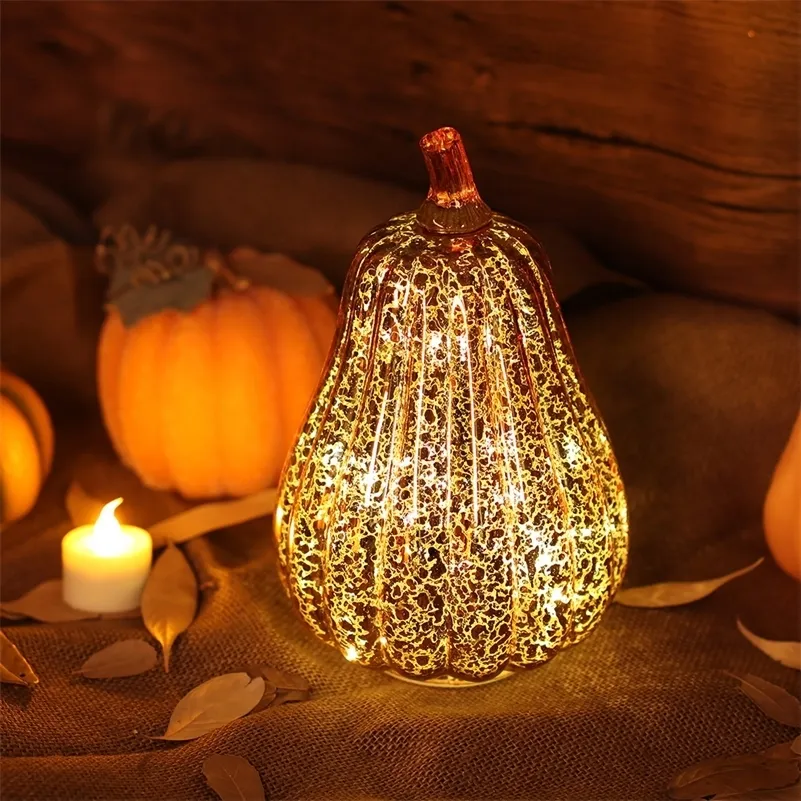 Glas pumpa ljus ledd glödande delikat dekorativa lamp partiet leveranser för tacksägelse halloween fall dekorationer y201006