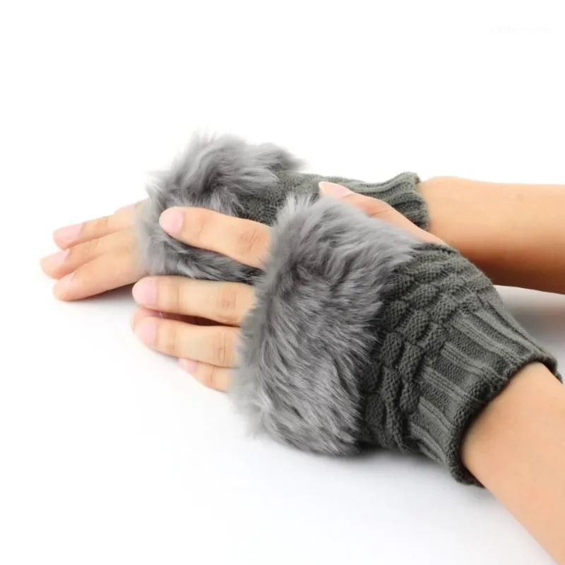 Cinq doigts gants femmes sans doigts mignon fausse fourrure tricotée féminine hiver tricoter brouillon poignet mitten1
