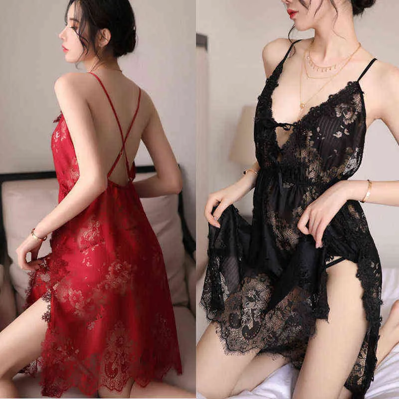 NXY Sexy Lingerie Nightgowns Sonbahar Askı V Yaka Uzun Gecelik Bayanlar Pijama Sling Dantel Sheer Çapraz Erotik Gece Uyku Dres1217