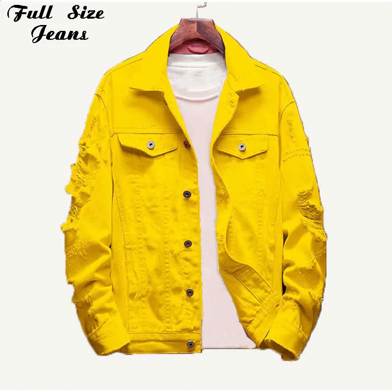 Ripped Yellow Denim Jacket Loose Fit Plus Size 3XL Jean Coat for Women