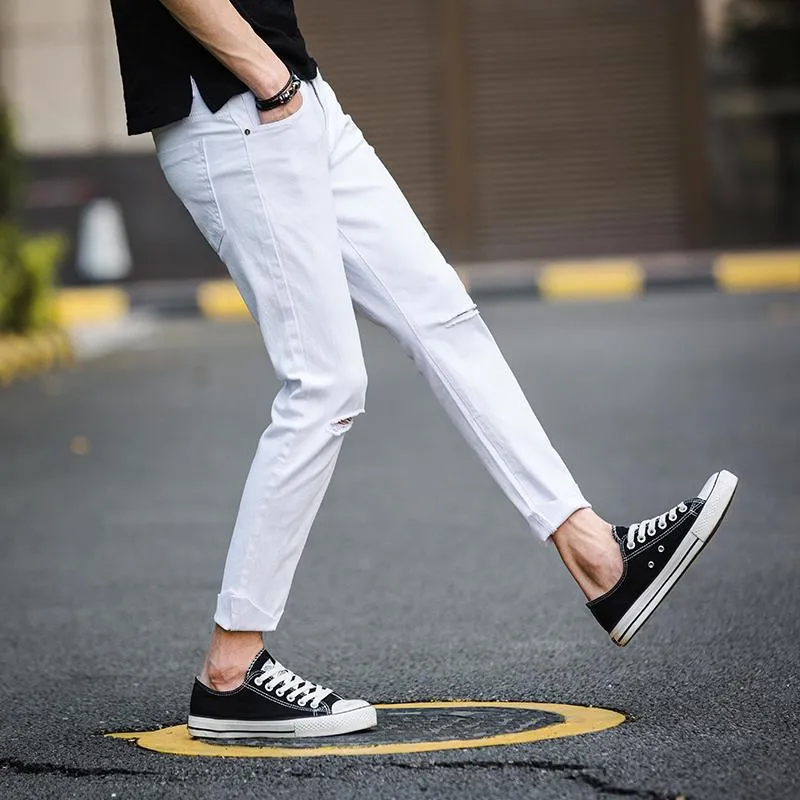 Pantalones vaqueros para hombres Hombres de rodilla flaca Blanco Negro Negro Denim L piz Pantalones Calle Wear Summer Casual Slim Fit Pantalones