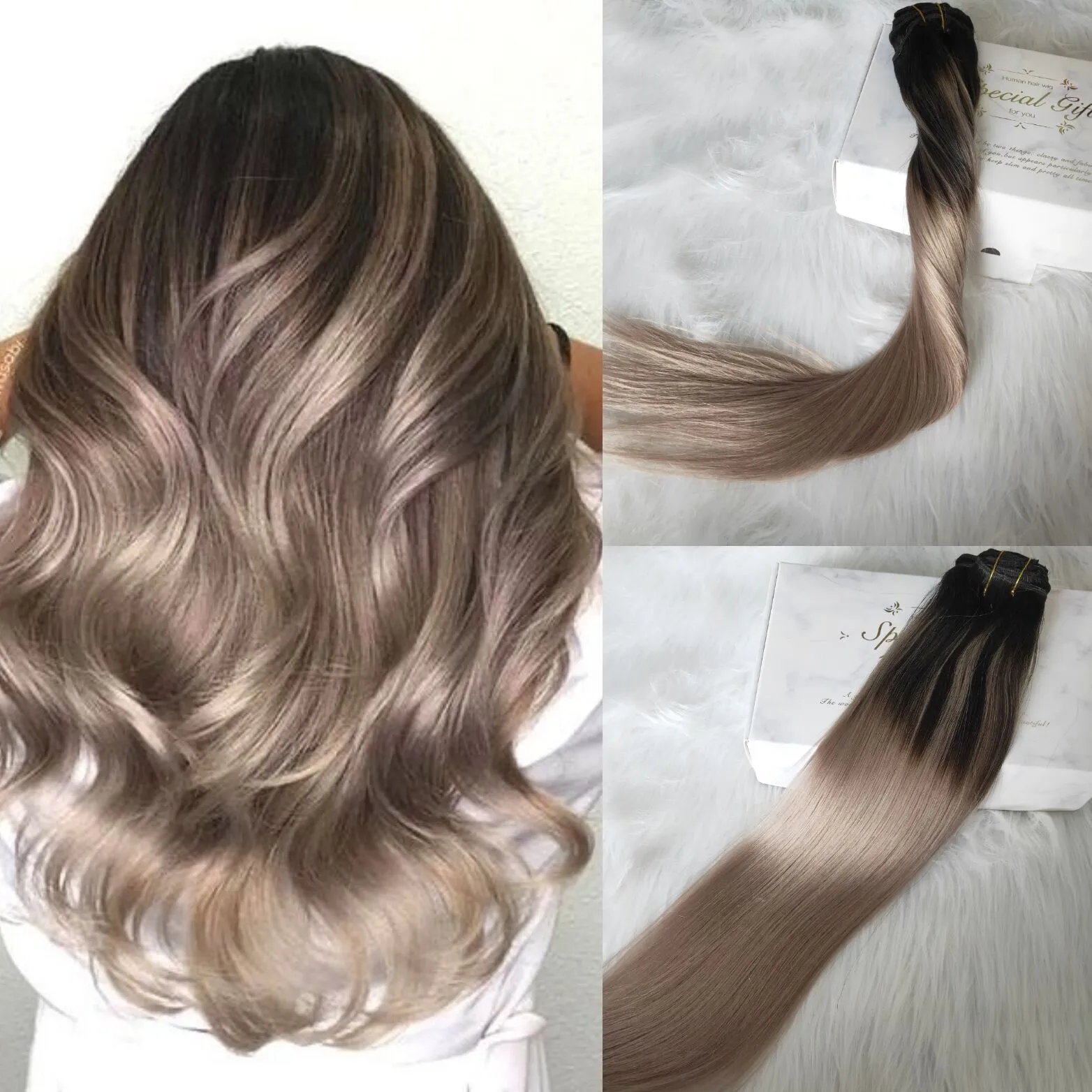 Balayage clipe em extensões de cabelo cor preta natural desbotamento para ash loira ombre double trama extensão 120g