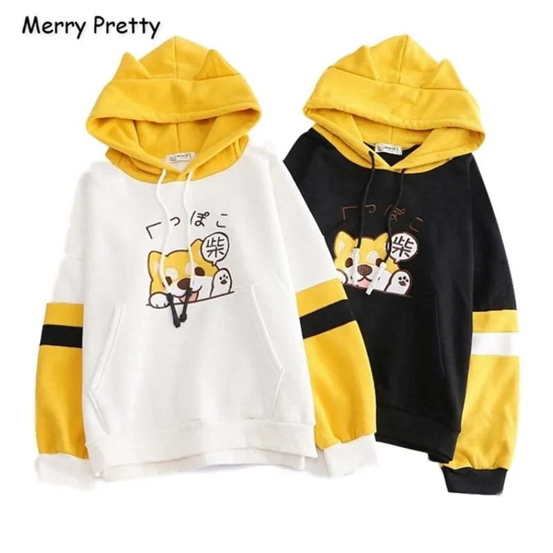 Merry Pretty mujeres dibujos animados perro bordado Harajuku sudaderas con capucha sudaderas invierno Patchwork con capucha más suéteres de terciopelo 201209