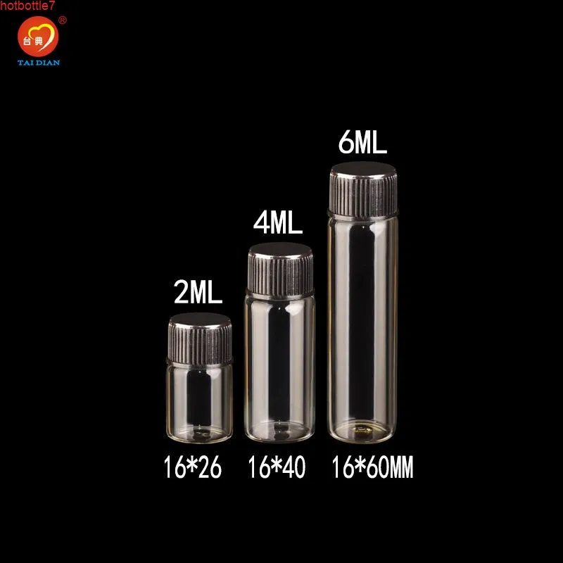 2 ml 4 ml 6 ml mini glasflaskor med plastskruv svart lock transparent injektionsflaskor förvaring 100pcshigh kvantitet