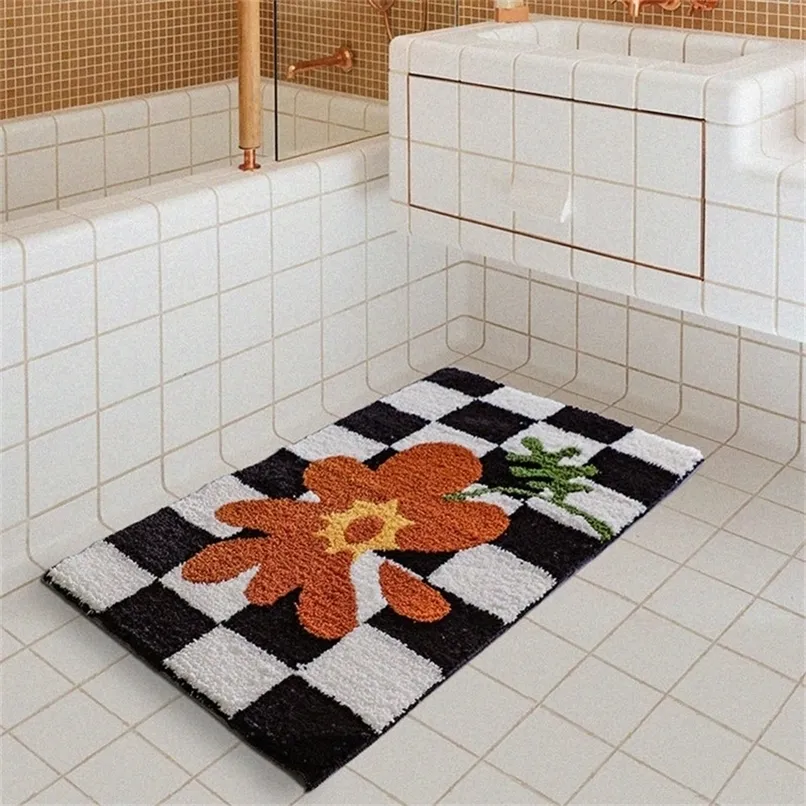 レトロなチェス盤格子縞のバスマットふわふわのグリッド浴槽柔らかい花のバスルームの敷物のベッドサイドカーペット家の装飾の床のマットアンチスリップパッド220301