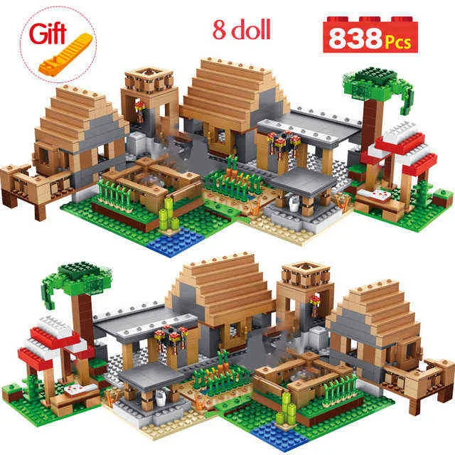 Meine Welt Die Bauernhausgebäudebehäuser kompatibel Minecrafted Village House Figuren Ziegelspielzeug für Kinder Y220214