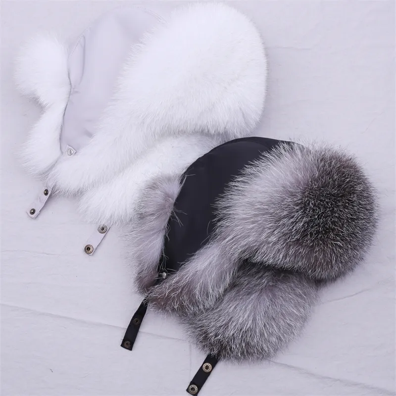 SUPPEV&STTDIO 100% Real Fur Hat for Women Natural Silver Fox Fur Russian Ushanka Hats Winter Thick Warm Ears Fashion Bomber Cap Y200110