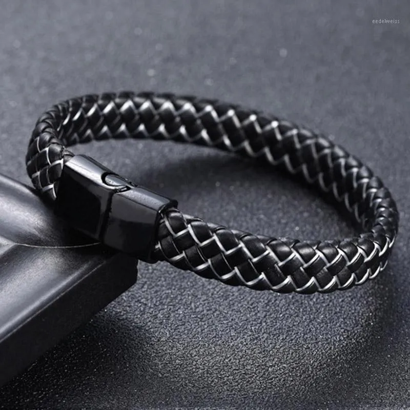 Charm Bracelets Punk Men Jewelry Black/Brown Braided Leather Bracelet Stainless Steel Magnetic Clasp Fashion Bangles Men's Jewelry1