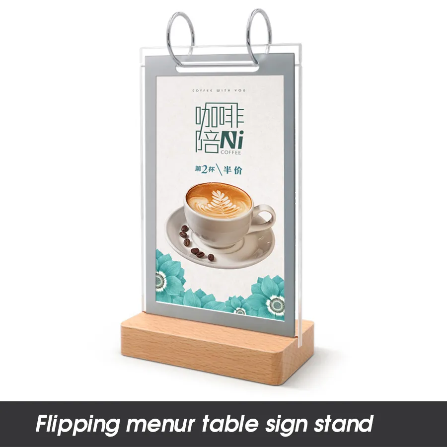 A6/ A5/ A4 Acrylic Double-sided Fip Wooden Base Table Card Sign Holder Display Stand Frame Restaurant Menu Paper Price List A6