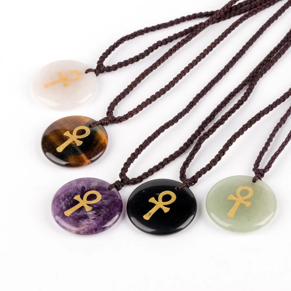 Kamień naturalny Grawerować Anka Cross Symbol Wisiorek Reiki Healing Crystal Biżuteria Religijna Męska i damska Urok Moda Naszyjnik Wisiorek