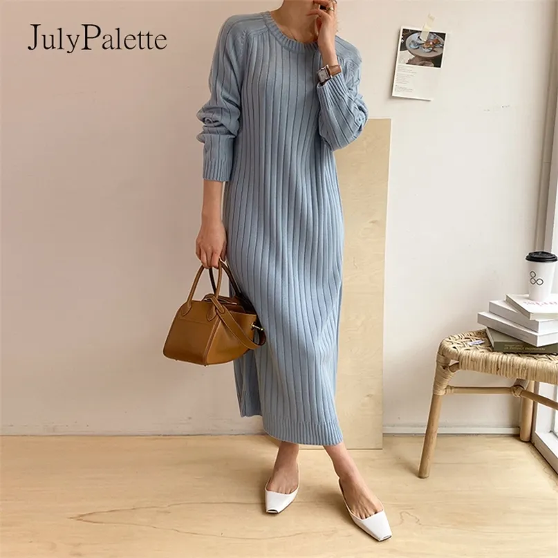 JulyPalette Solide O-cou Tricoté Dres Long Tricot Droit Automne Hiver Casual Élastique Lâche Femme Maxi Vestidos 220308