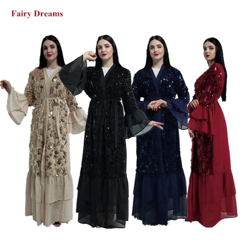 Abbigliamento etnico Kimono Abaya aperto Abito musulmano da donna Dubai Caftan Femme Turchia Turco islamico Bangladesh Kaftan Paillettes Cardigan