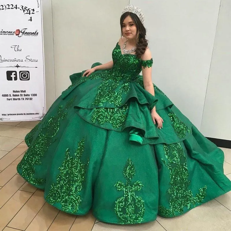 Emerald Green Ball Gown Vestidos De Quinceanera Dresses 2021 Floral Lace Ruffle Bling Satin Off The Shoulder Sweet 16 Dress Prom Graduation