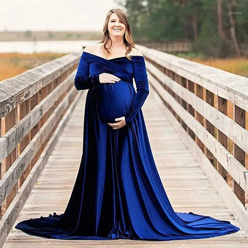 Umstandskleider für Babypartys, langärmelig, für schwangere Frauen, Samt-Maxikleid, V-Ausschnitt, Schwangerschaftskleid für Fotoshooting