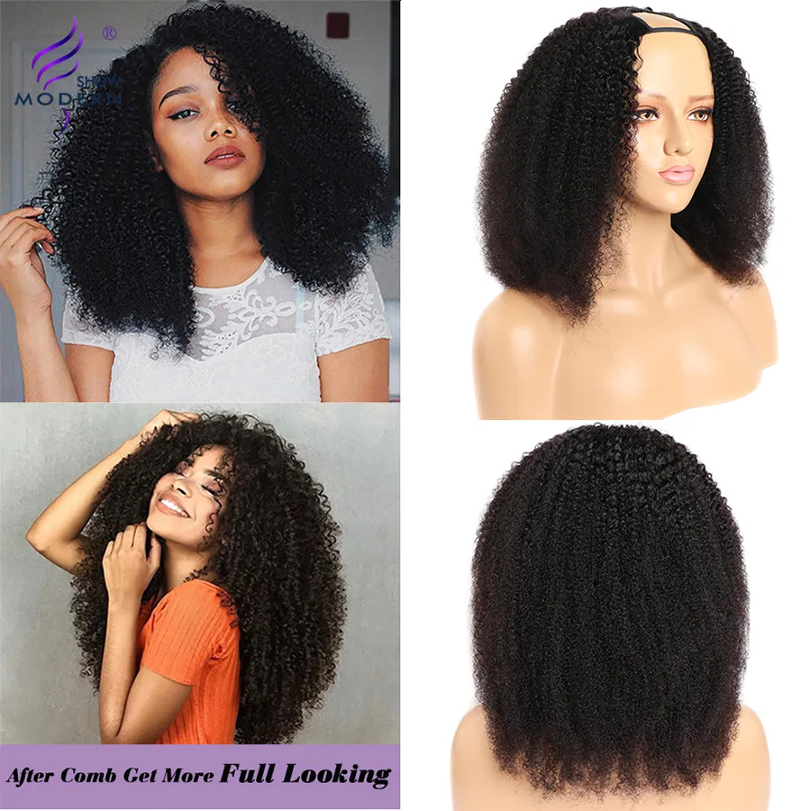 Modern Show U Part Wig Afro Kinky Curly Brazilian Remy Human Hair Curly Wigs för Black Women 150% Gluslös 10-28 inches