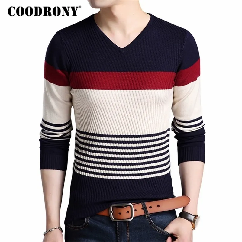 COODRONY Pullover Dicke Warme Pullover Männer Casual Gestreiften V-ausschnitt Pullover Männer Kleidung Herbst Winter Strickwaren Pull Homme LJ201009