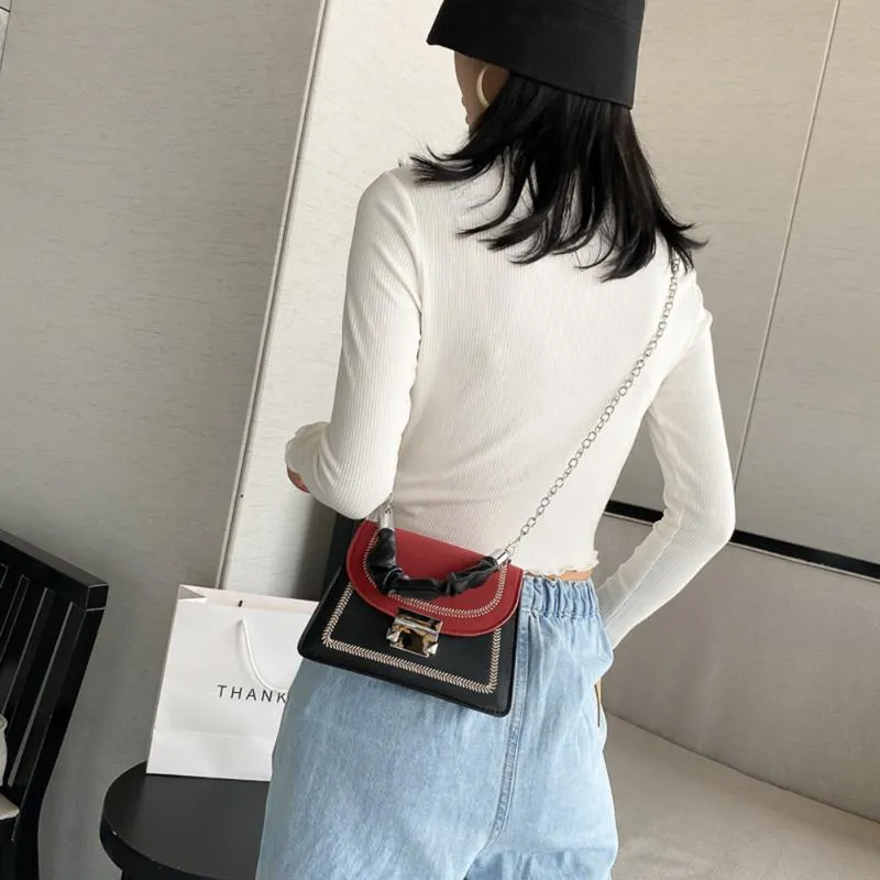 Hit Color Women Crossbody Handbag Chain Shoulder Bags Pleated Handle PU Female for Outdoor Shopping Traveling Ornament