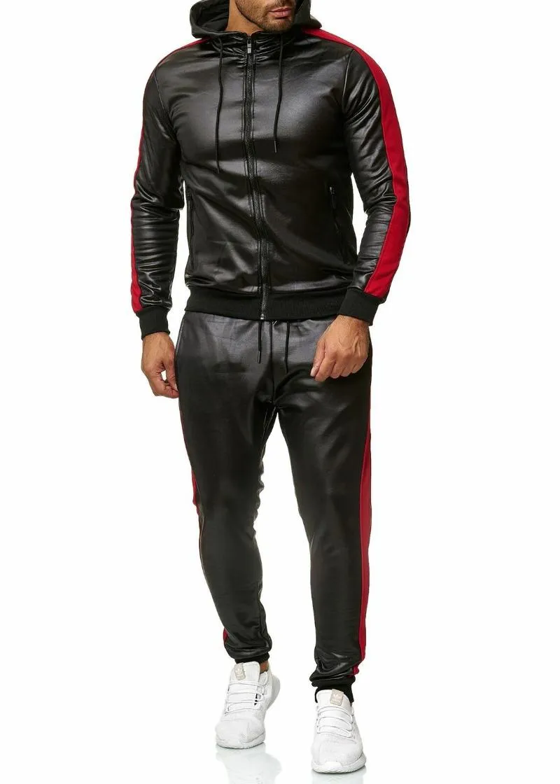 Men's Tracksuits Pu Leather Hoodies Piece Casual Sweatsuit Hooded Jacket and Pants Jogging Suit Men