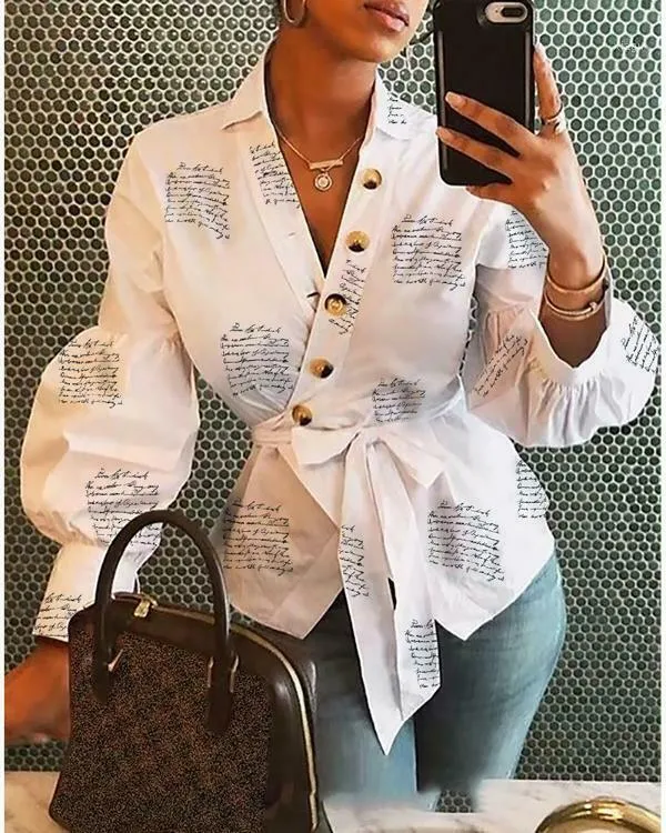 Nouvellement Femmes Bouton Col V Lettre Imprimer Chemise À Lacets Dames Simple Boutonnage Automne Lanterne Manches Lâche Tops Blouse1