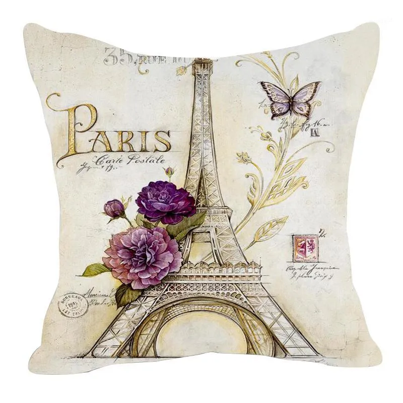 Wholesale- Retro Style Sketch Paris Eiffel Tower Waist Pillow Case Pillow Cover Throw Cushion Decal Linen Blend Metereial Drop Shipping1