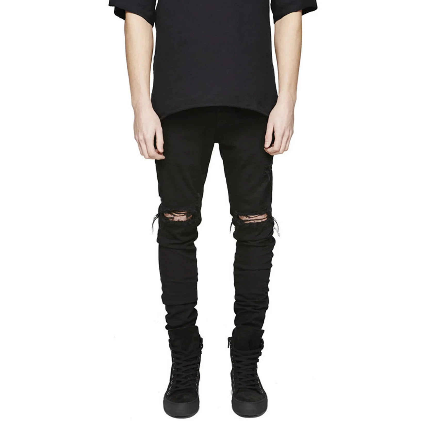 GODLIKEU Uomo Destroy Distressed Jeans Strappato Skinny Nero Biker Moto Hip Hop Pantaloni in denim urbano