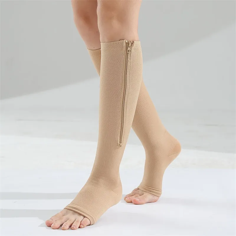 Offene Zehen-Zylinder-Socken, elastische Bewegungsformungsstrümpfe, enger Reißverschluss, dünnes Bein, Kompressionssocke, heißer Mann und Frauen, 7 5fm O2