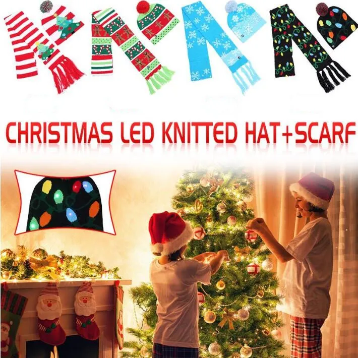 クリスマスLEDライトハットスカーフセット大人の冬の編み帽子スクラヴィス漫画の木クリスマスニットビーニースカーフセットお祝いパーティーハットLSK1585