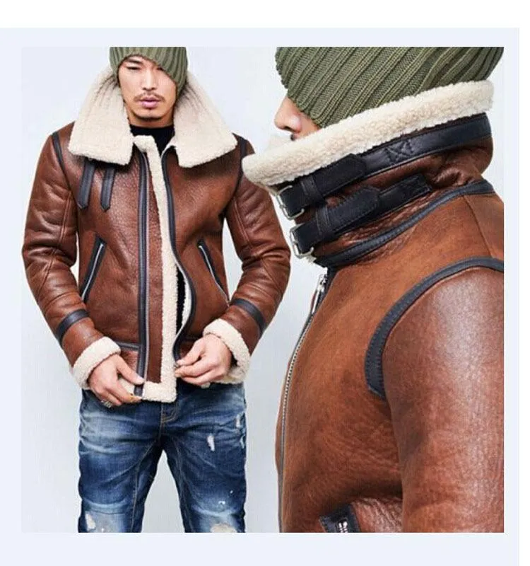 Men Winter Fur Belt Faux Leather Jacket High Neck Shearling Coat Wool Lining Tops Long Sleeve Mens Leather Bomber Winter Coats