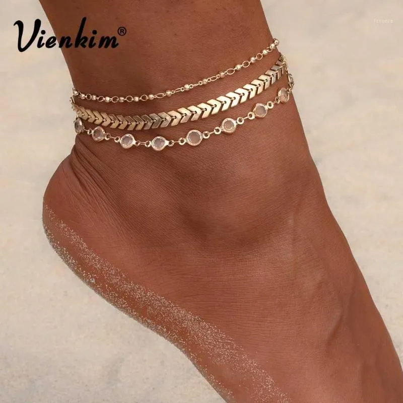 Tobilleras Vienkim 3 unids/lote conjunto de tobilleras de lentejuelas de cristal joyería para pies de playa pulseras de tobillo Vintage para mujer regalo de fiesta de verano 20221