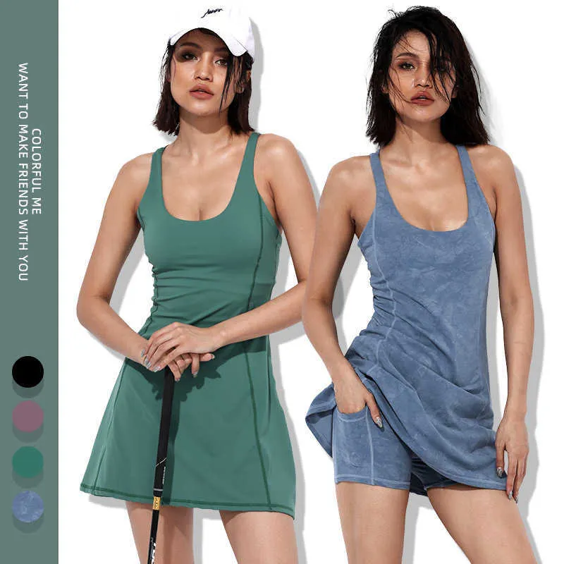 Nude Yoga Dress Solid Color Suit Women's Tennis Skirt Shorts Pants Two-piece Set Anti Light Badminton Fitness Dress with Chest Cushion Gym Clothes
