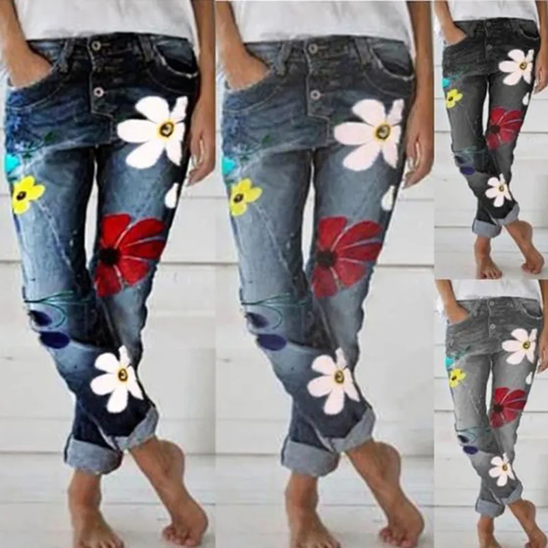 Herbst Trendy Frauen Denim Hose Floral Bedruckte Jeans Hosen Femme Hohe Taille Tasche Hose Fit Gerade Bein Jogger Hose Jeans 201105