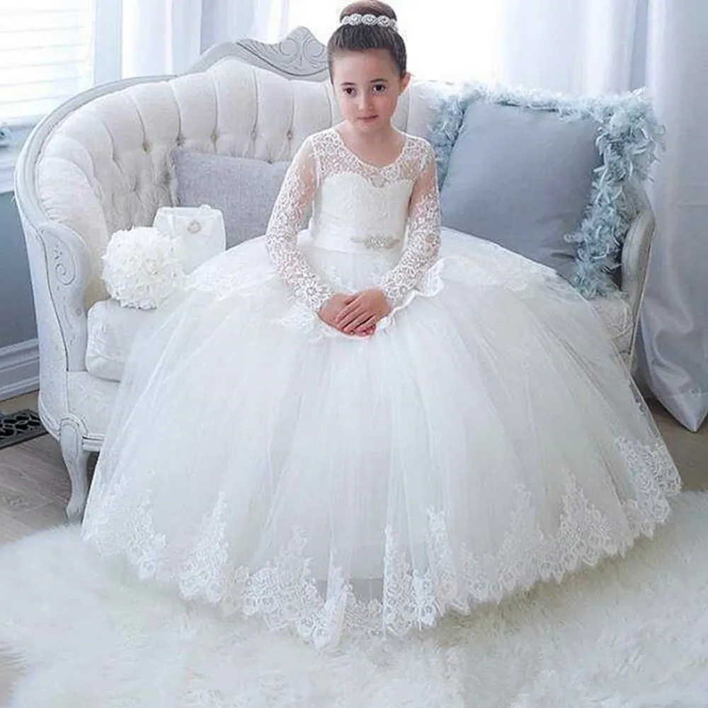 Nowy Kwiat Dziewczyna Suknie Suknia Dziewczynek Suknie Dla Urodziny Zroszony Puffy Little Girls Pageant Dress Toddler First Communion Suknie