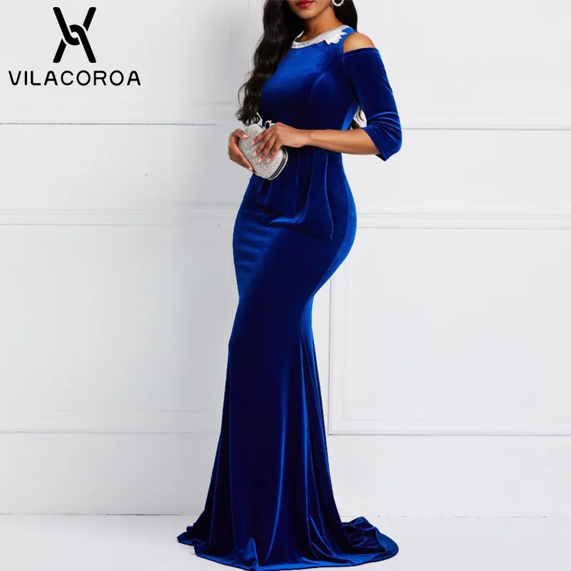 Spring Blue Gold Velvet Dress Women O-Neck Midi Sleeve Black Large Size Long Bodycon Mermaid Dress Sexy Party Night Woman Dress X0521