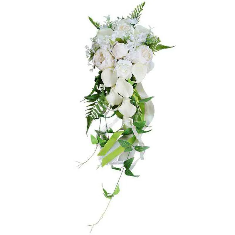 Hochzeit Brautstrauß Kaskadierender Wasserfall Künstliche Callalily Elfenbeinweiß Blumen halten Kirche Party Dekoration AA220308