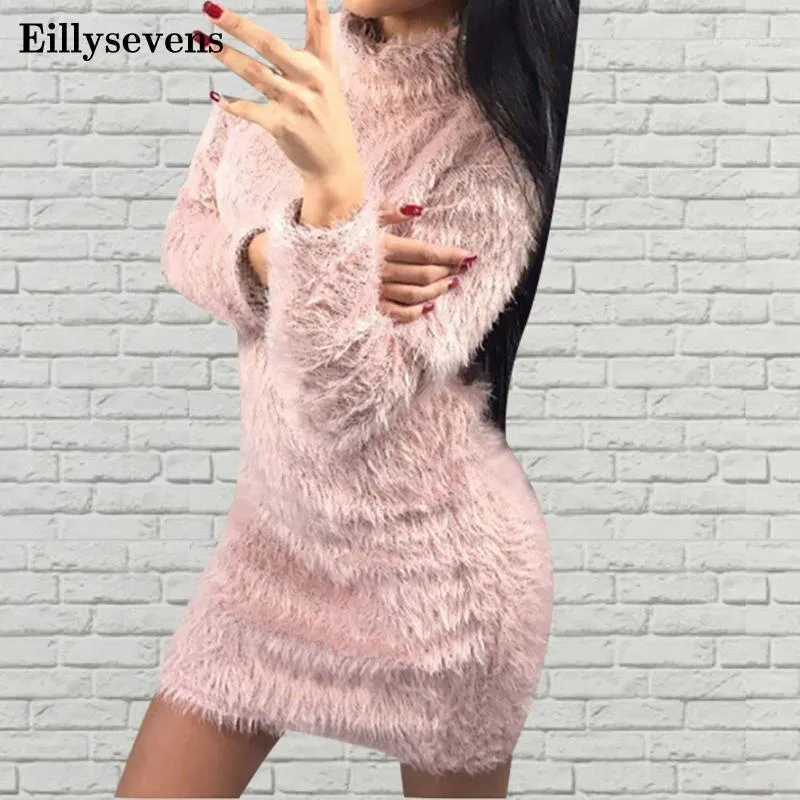 Casual Dresses Chic Women Dress Autumn Solid Color Turtlenck Sweater Fluffy Loose Mini Soft Thick For Party#21