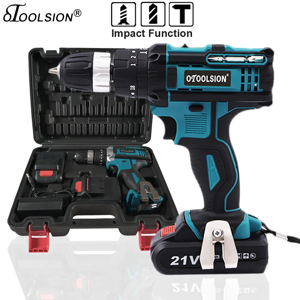 21V 18+3 Torque Impact Drill Cordless Screwdriver Power Tools Screwdriver Impact Hammer Drill Screwdriver With PlasticTool Box