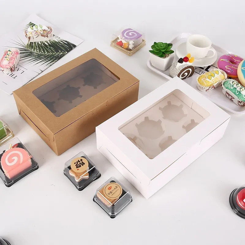 Transparent Windowed Cupcake Boxes White Brown Paper Muffin Box Baking Packing Box Party Gift Box WB2817